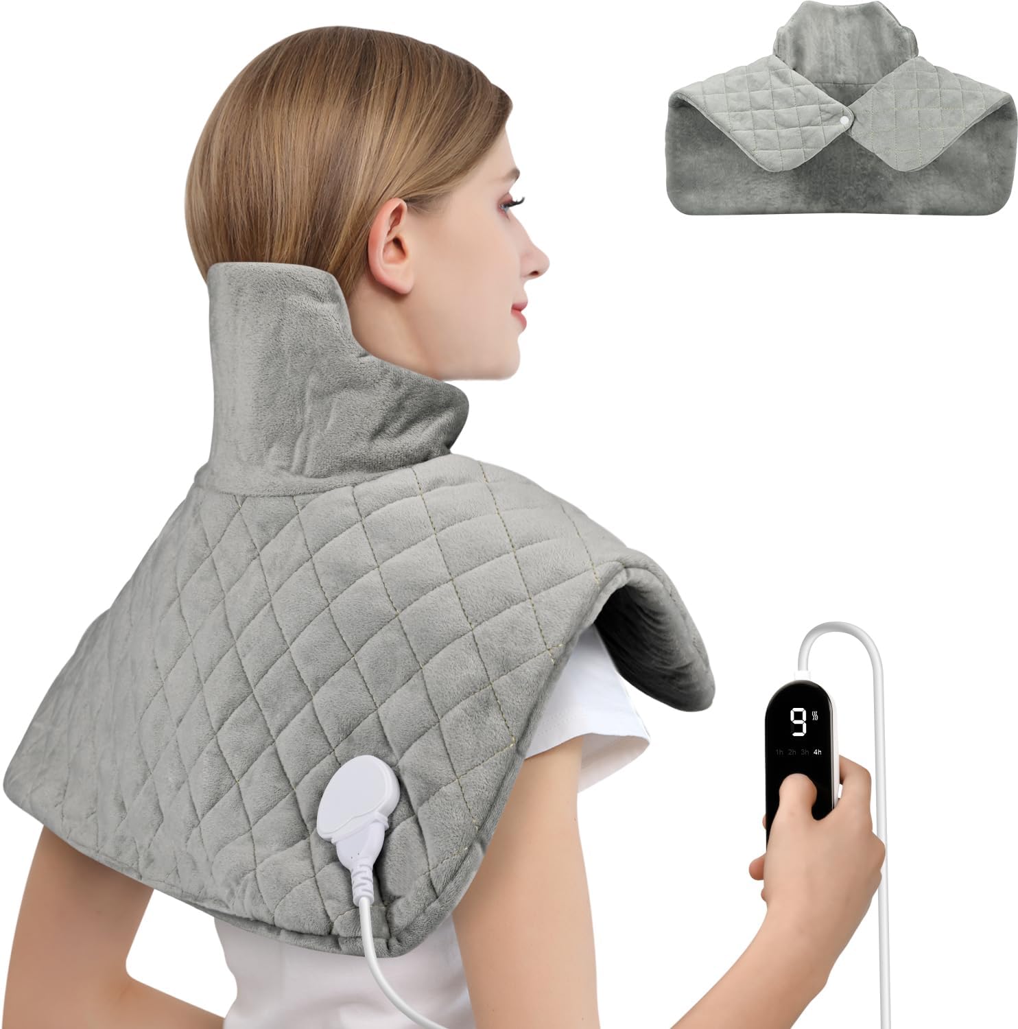 Onherm Almohadilla Eléctrica Cervical 48×58 cm, Manta Térmica Eléctrica para Cuello, Espalda y Hombro con Apagado Automático, 9 Niveles de Temperatura, de Franela, Lavable a Máquina