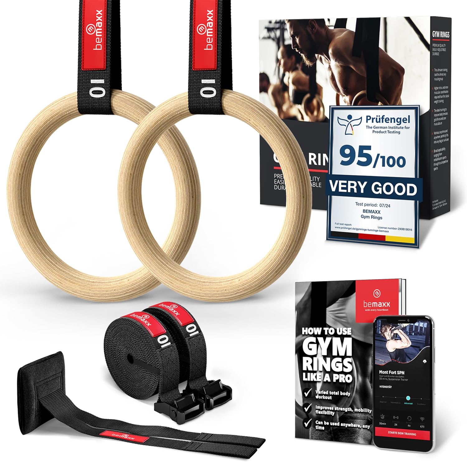BeMaxx Anillas de Gimnasia de Madera | para Entrenamientos gimnásticos | Workout Set con Anclaje para Puerta, Hebillas, Correa y guía de Ejercicios | Gimnasio/Deporte en casa | Adultos