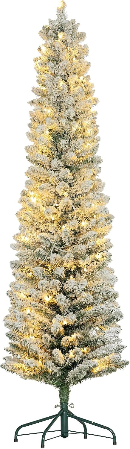 HOMCOM Árbol de Navidad Nevado 210 cm 180 Luces LED Verde y Blanco