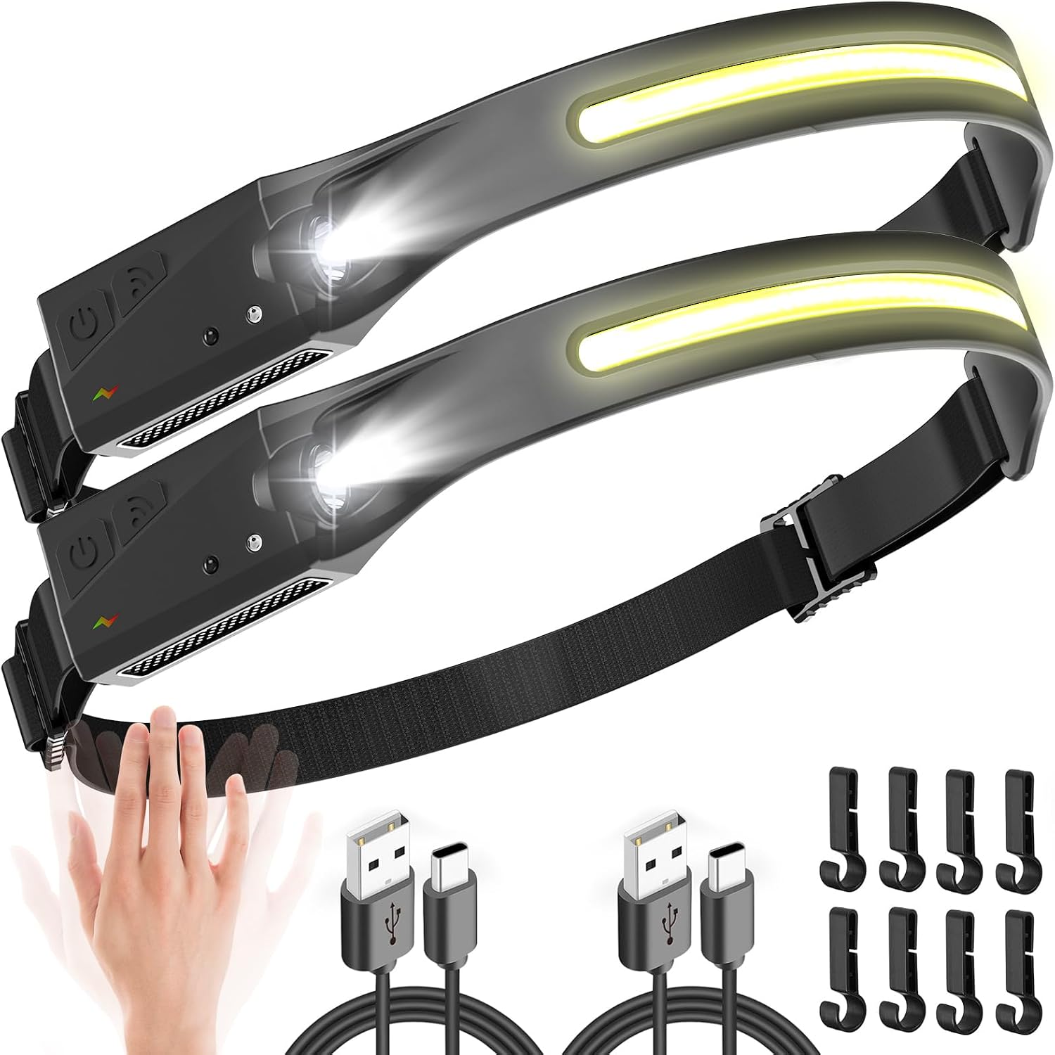 UNBON Linterna Frontal LED Recargable USB C, Super Brillante Linterna Cabeza LED Alta Potencia con Sensor de Movimiento, 5 Modos de Luz, Haz Amplio 230°, IPX4 Impermeable para Correr Pescar Trabajo