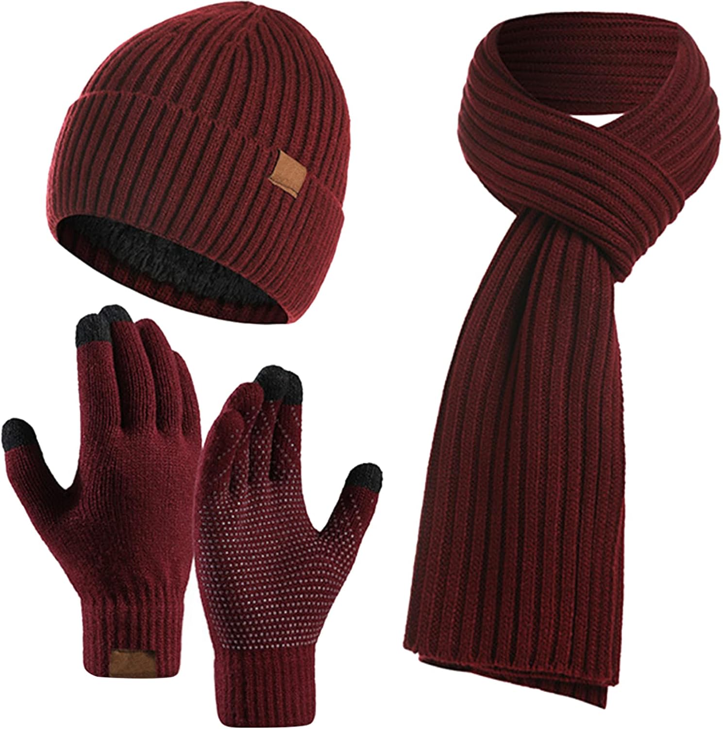 Juego de 3 guantes unisex de invierno para gorro, bufanda, gorro de punto cálido, guantes de pantalla táctil, bufanda larga para hombres y mujeres