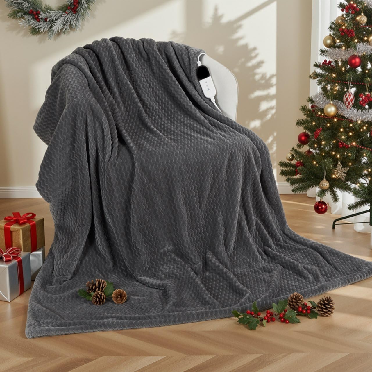 CURECURE Manta Térmica Eléctrica 130x180cm Patrón Ondas, Gris