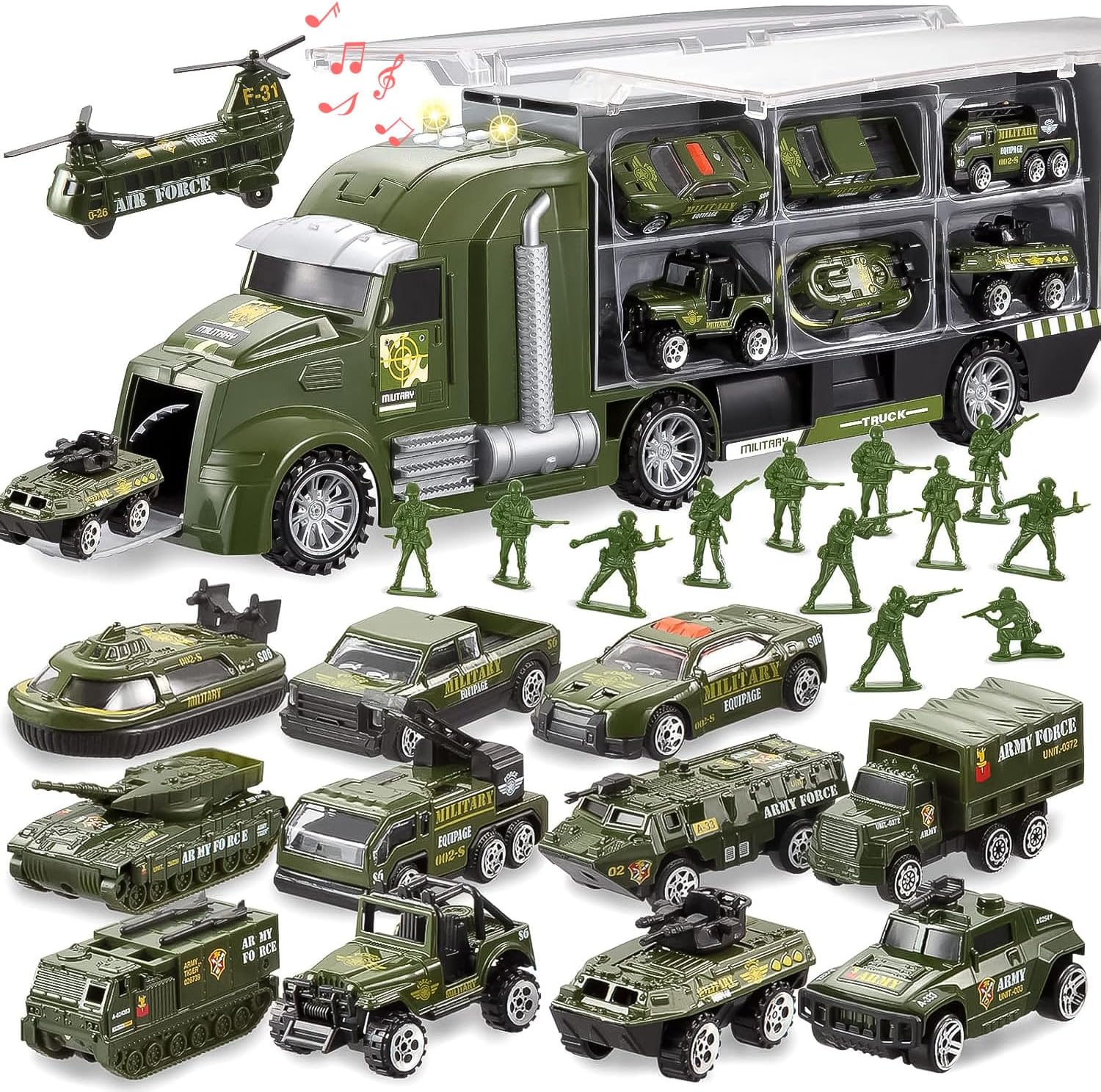 JOYIN 25 en 1 Juego de Juguetes camión de construcción fundidos a presión (Incluye Tractor Excavadora transportadora) con Sonidos y Luces, Regalos de cumpleaños para niños a Partir de 3 años
