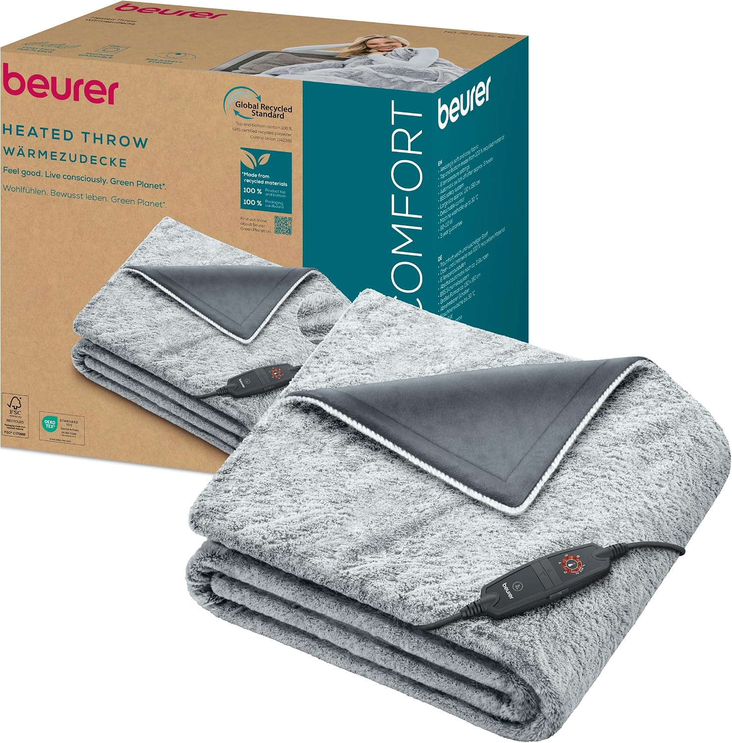 Beurer Manta eléctrica HD 80, de Pana Suave, 6 Niveles de Temperatura, Mecanismo de desconexión automática y Sistema de Seguridad, Lavable a máquina, 180 x 130 cm, Beige