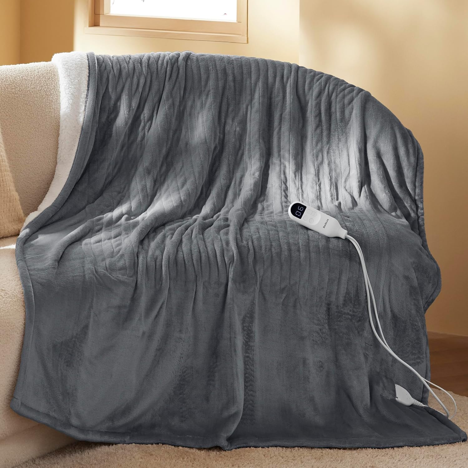 Bedsure Mantita eléctrica 180x200cm, Apagado automático, 6 Niveles de Calor, Temporizador 10h, protección sobrecalentamiento 8h, acogedora para hogar & Oficina, Gris