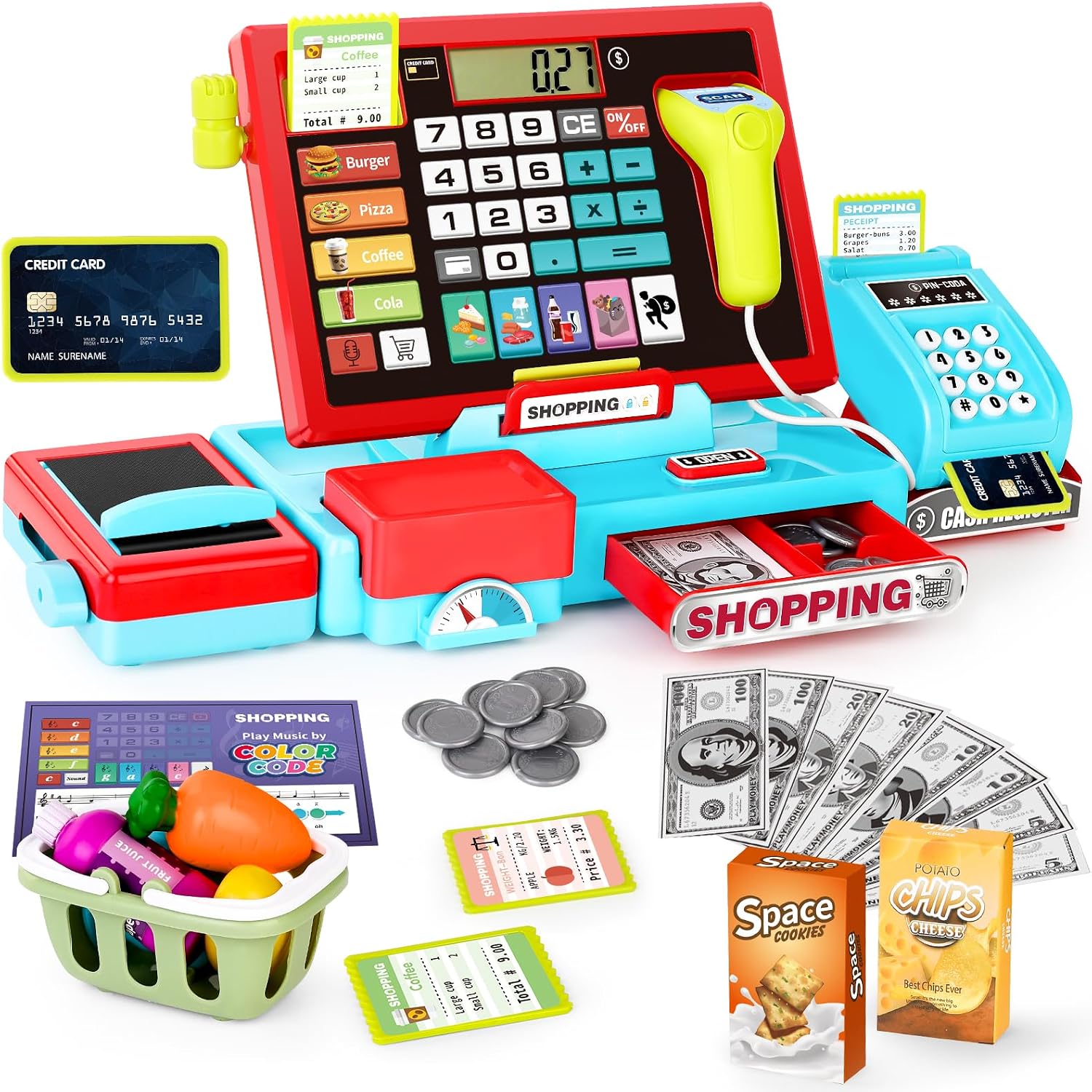 Caja registradora para niños, juguete educativo, juego con escáner y función de música (rosa morado)