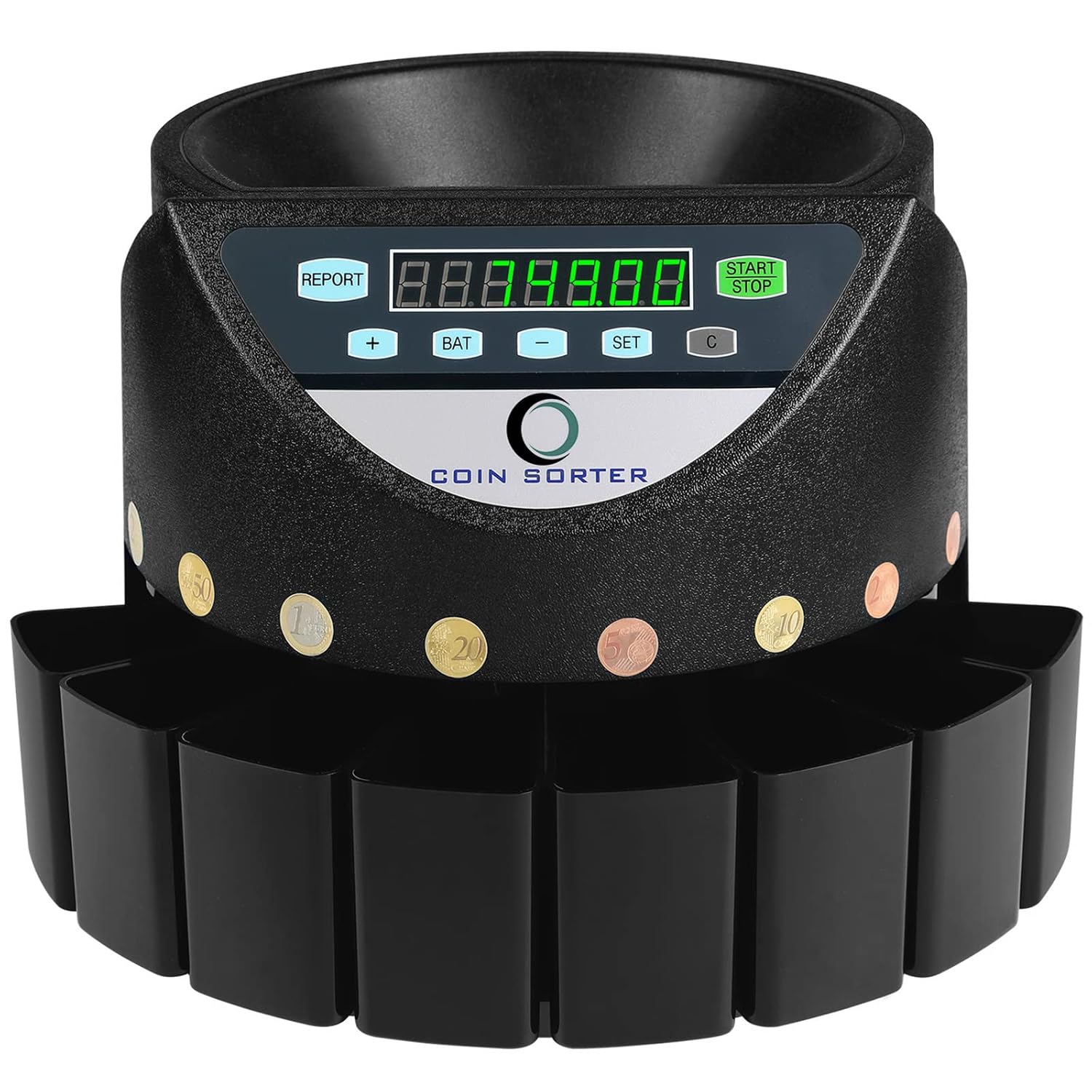 VEVOR Contador de Monedas Euro Profesional 220 V 300 Monedas por Minuto, Clasificador de Monedas Pantalla LED de 7 Dígitos, Máquina de Conteo de Monedas con 8 Cajas de Recolección de Alta Precisión