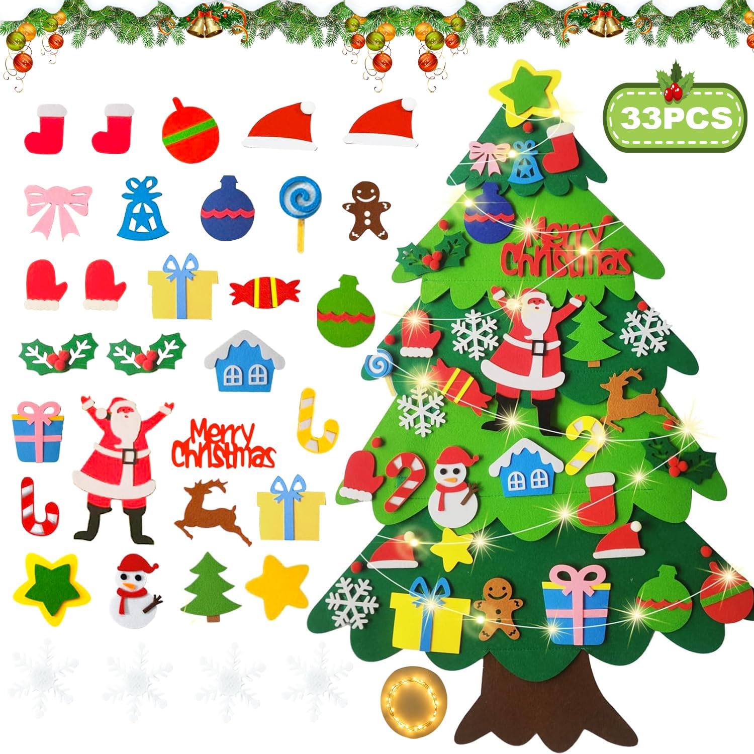 Niserelesa Árboles De Navidad De Fieltro para Bebés Y Niños con 32 Los Ornamentos Desmontables - Adornos para Colgar En La Pared