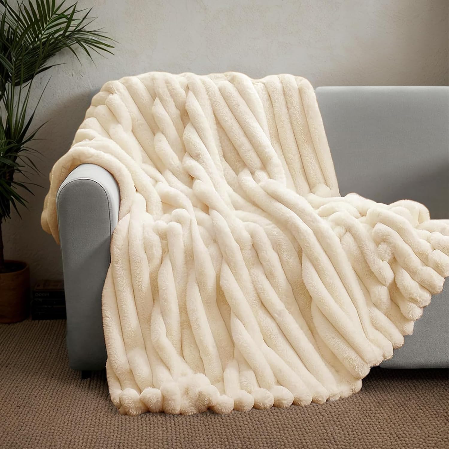 TOPCHANCES Mantas para Cama,Manta De Algodón Extrasuave,Disponible en Todas Las Estaciones 360/180GSM Tejido De Doble Capa Multiusos De Sofá,Cama O De Sala De Estar(Beige,100x160cm)