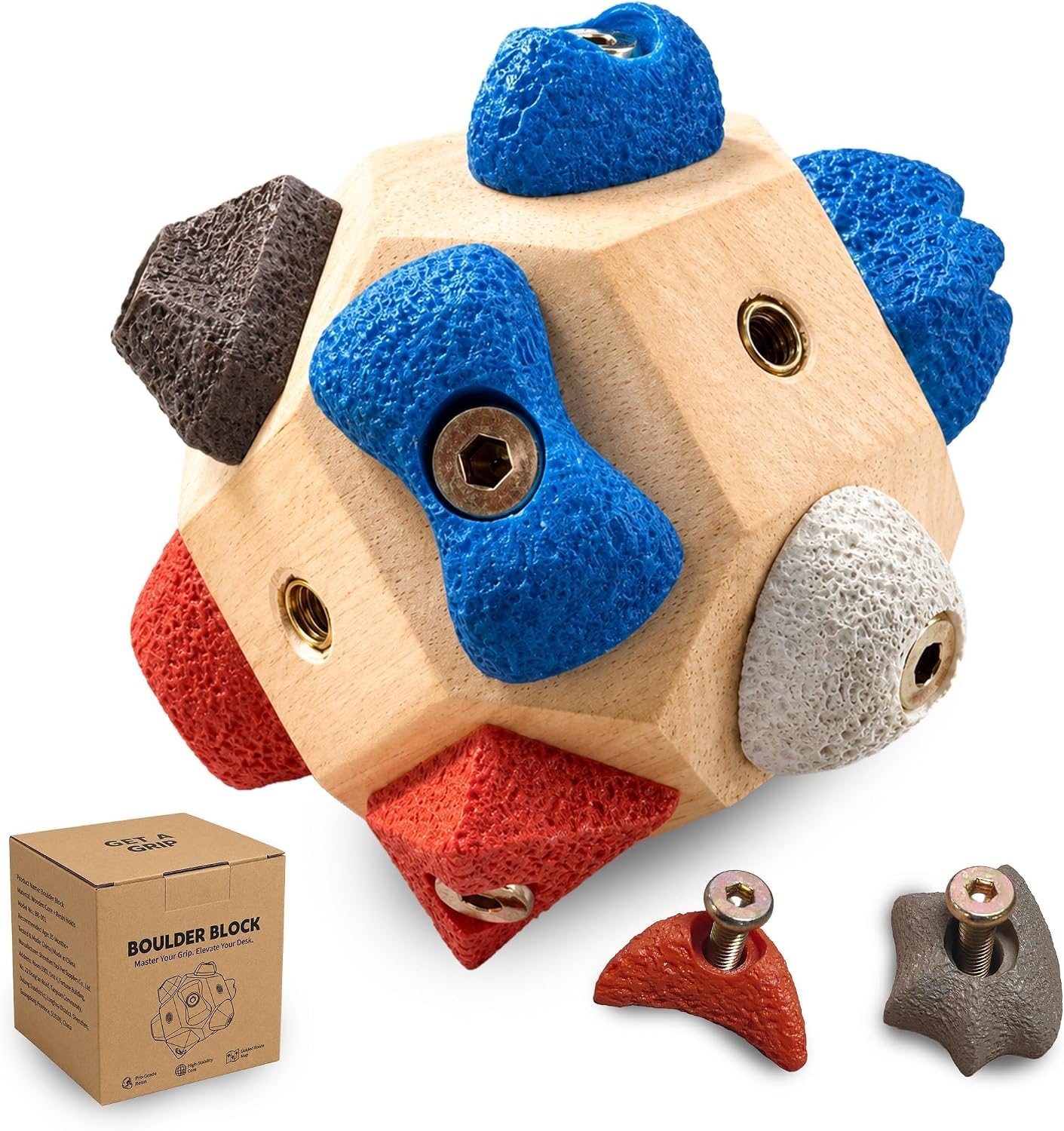 Boulder Block - Entrenador de agarre para escalada en roca, 12 soportes únicos de resina con caminos de entrenamiento guiados por colores, entrenador de fuerza de dedos de madera premium para