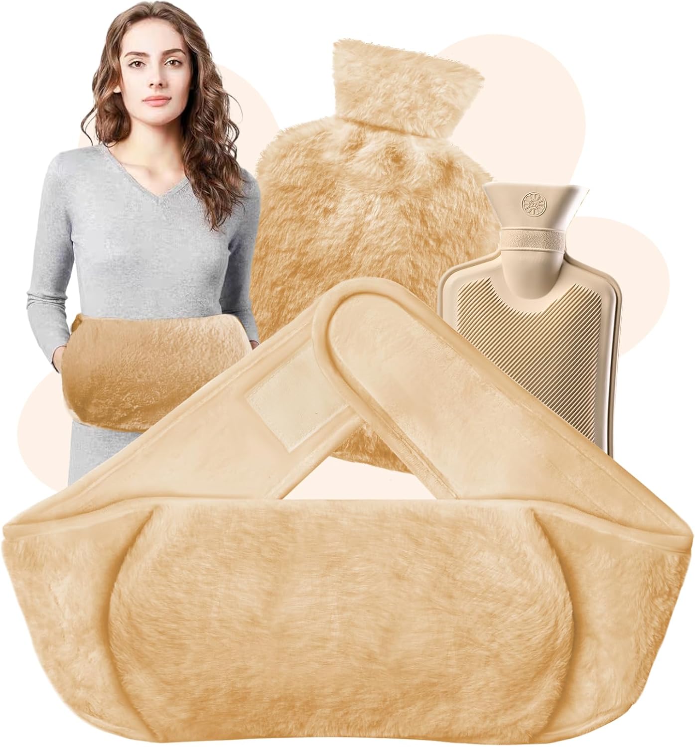 Bolsa de agua caliente 3 en 1,Botella de Agua Caliente con cubierta de cintura suave,Bolsa de agua caliente de goma para aliviar el dolor de cuello,hombros,espalda,cintura,dolor menstrual(Rosa)