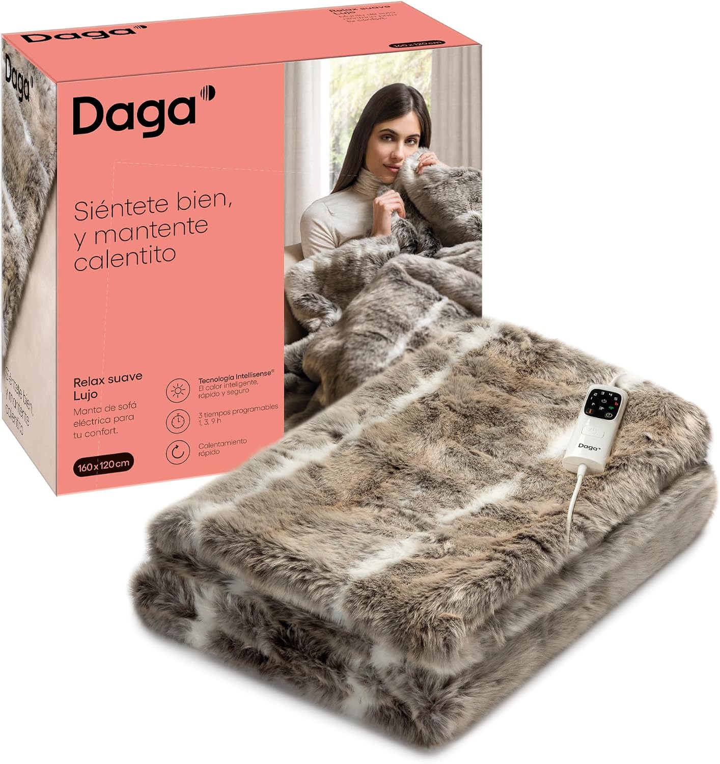 DAGA Manta térmica eléctrica de Sofá Relax Suave Lujo, Tecnología de Calefacción Intellisense, Tejido Suave Efecto Pelo y Terciopelo, 6 Niveles de Temperatura, 160 x 120 cm