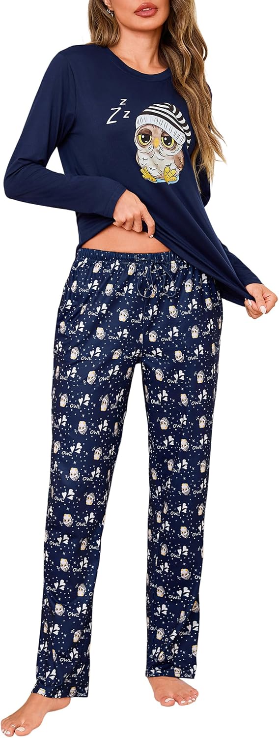 Demegimi Pijama Mujer Invierno Algodón con Estampado Pijama Largo Ropa de Dormir Cómoda 2 Piezas con Bolsillo S-XXL