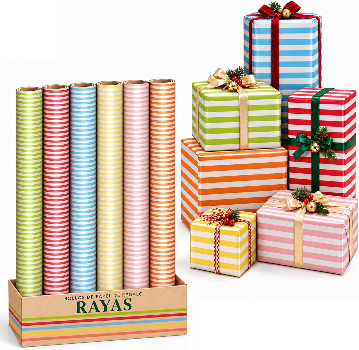Rollo de papel para envolver regalos, Papel Regalo Cumpleaños, Papel Regalo Navidad, Papel navideño, Tamaño 70 cm x 2 Metros, Contiene 6 Rollos con diseños de Reyes Magos Multicolor