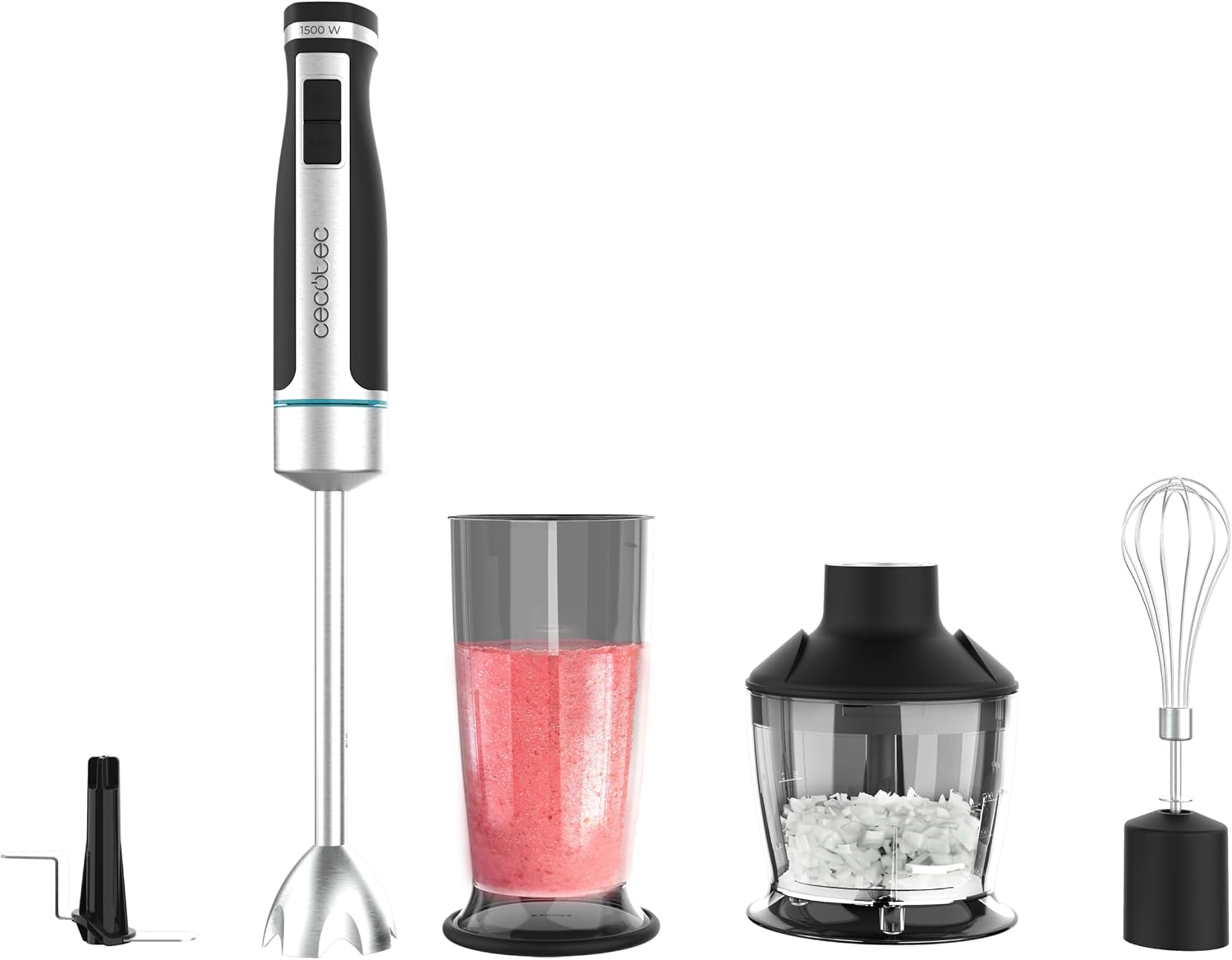 Cecotec Batidora de mano Power TitanBlack 1200 XL PerfectCream&Crush. 1200 W, Cuchillas de 4 hojas, Pie XL, Campana antisalpicaduras, Incluye picadora con cuchilla, varillas batidoras y pasapurés