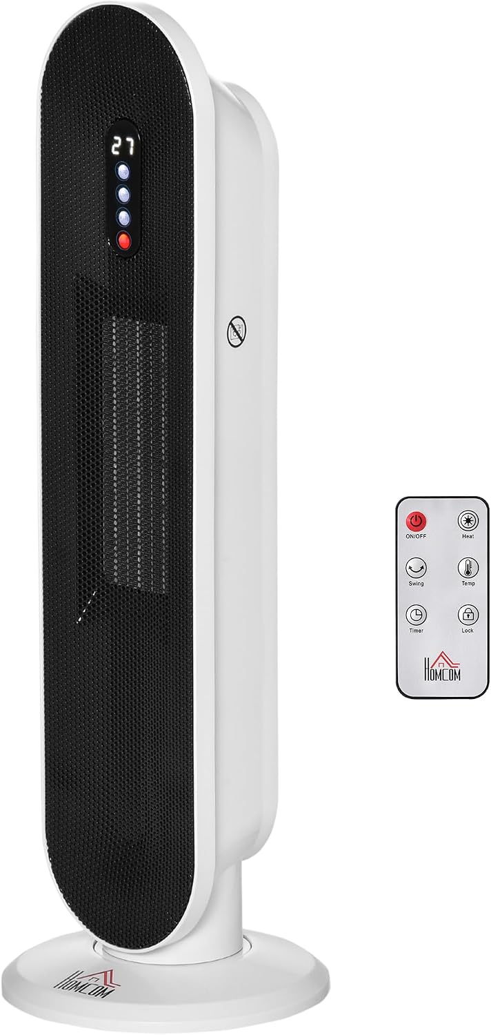 HOMCOM Calefactor Cerámico de Torre 1200W/2000W PTC 20 m² Blanco y Negro