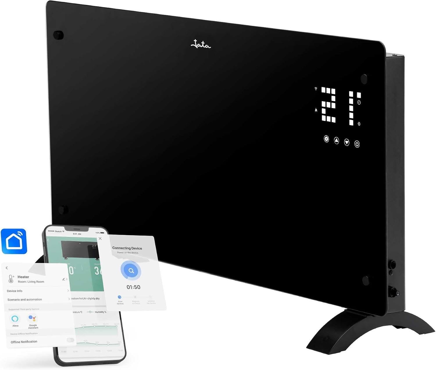 JATA JCRW2520 - Convector Eléctrico de Cristal WiFi 2000 W, Calefactor Inteligente Smart Life, Alexa y Google Assistant, Termostato 5-50 ºC, Programable, Mando, Mural o Suelo