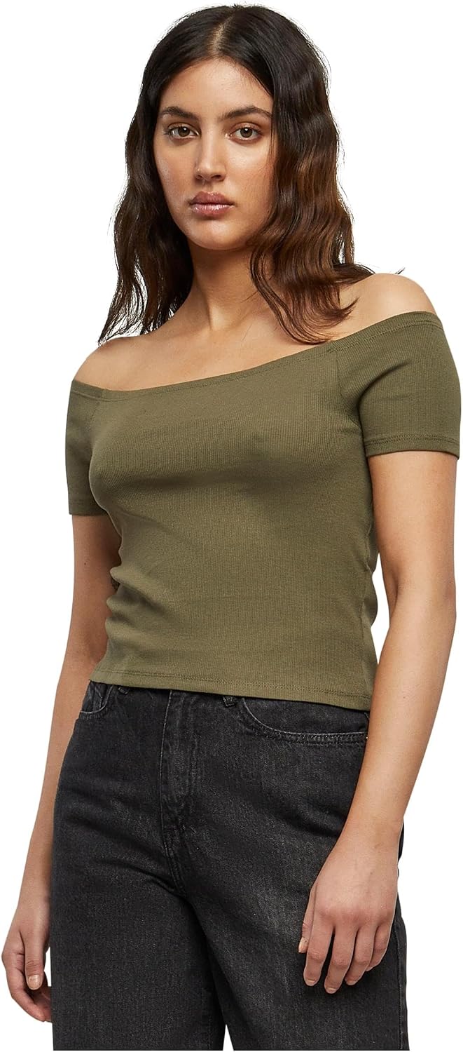 Urban Classics Camiseta Mujer Acanalada de Hombros al Aire Mujer Camiseta Negro Regular