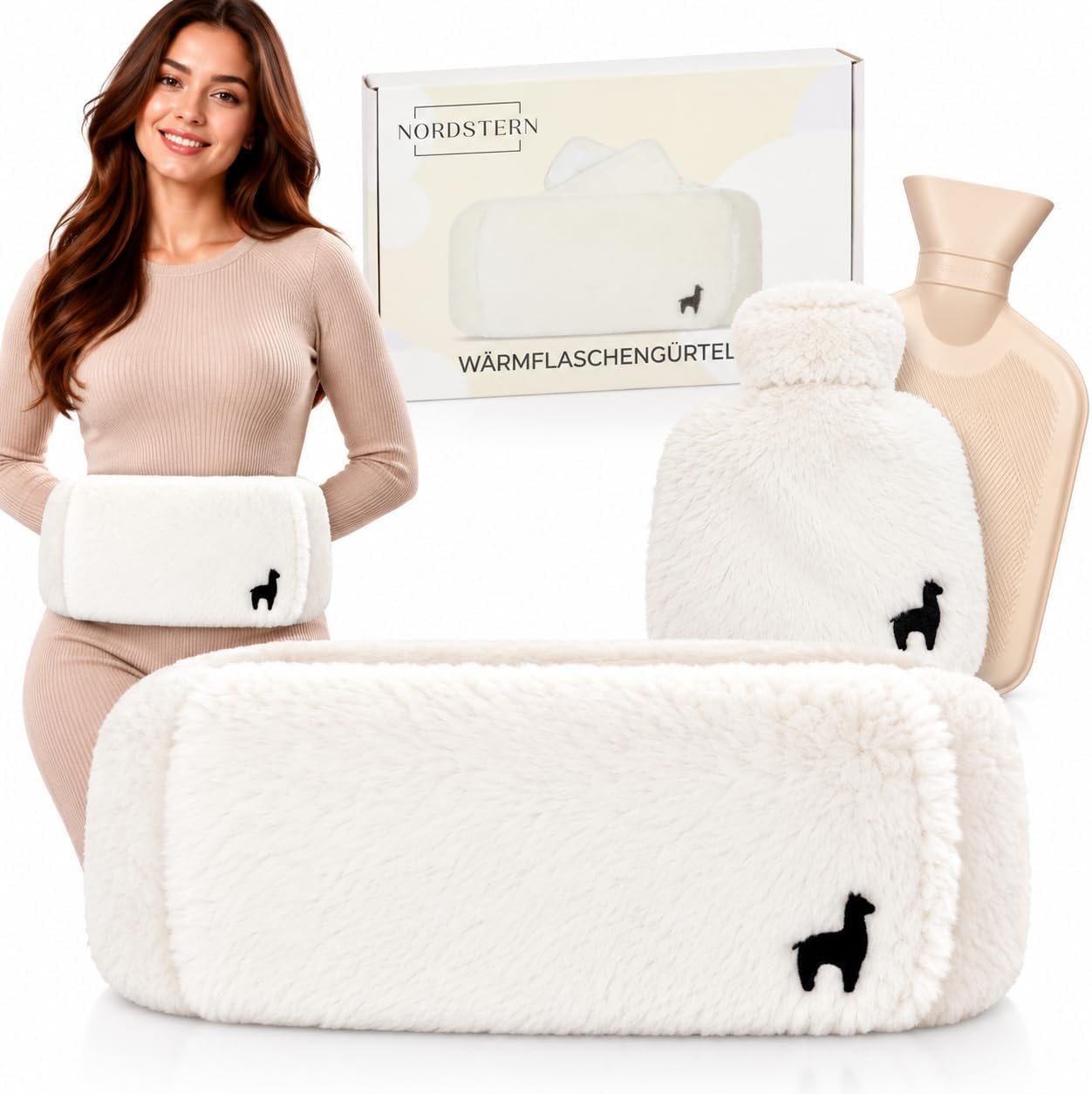Nordstern Bolsa de agua caliente con funda mullida, 130 cm, color beige