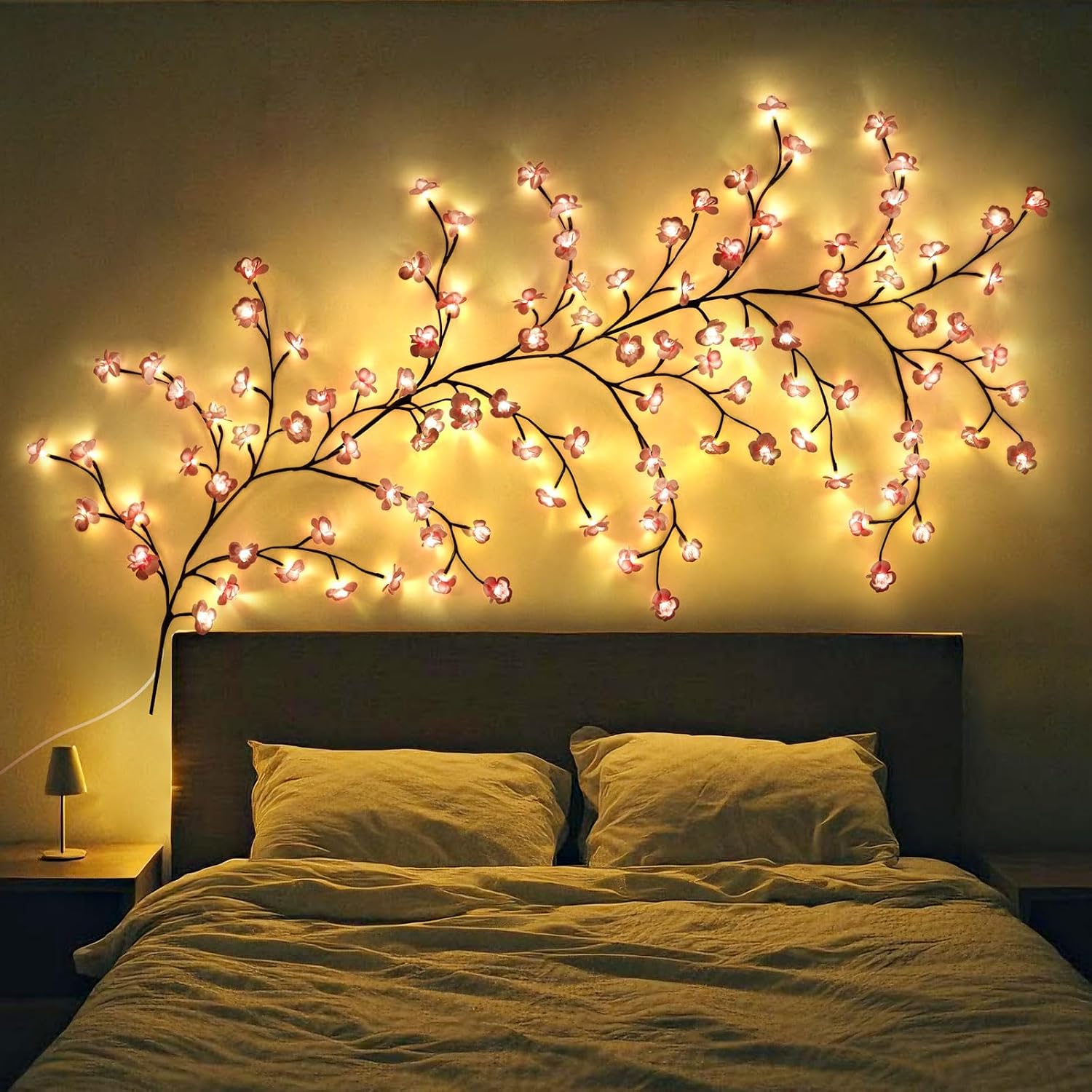 Cadena de luces con flor de cerezo, iluminación de ramas, 96 LED, flor de cerezo, decoración de pared con mando a distancia, 8 modos y temporizador, ramas de sakura flexibles, decoración para