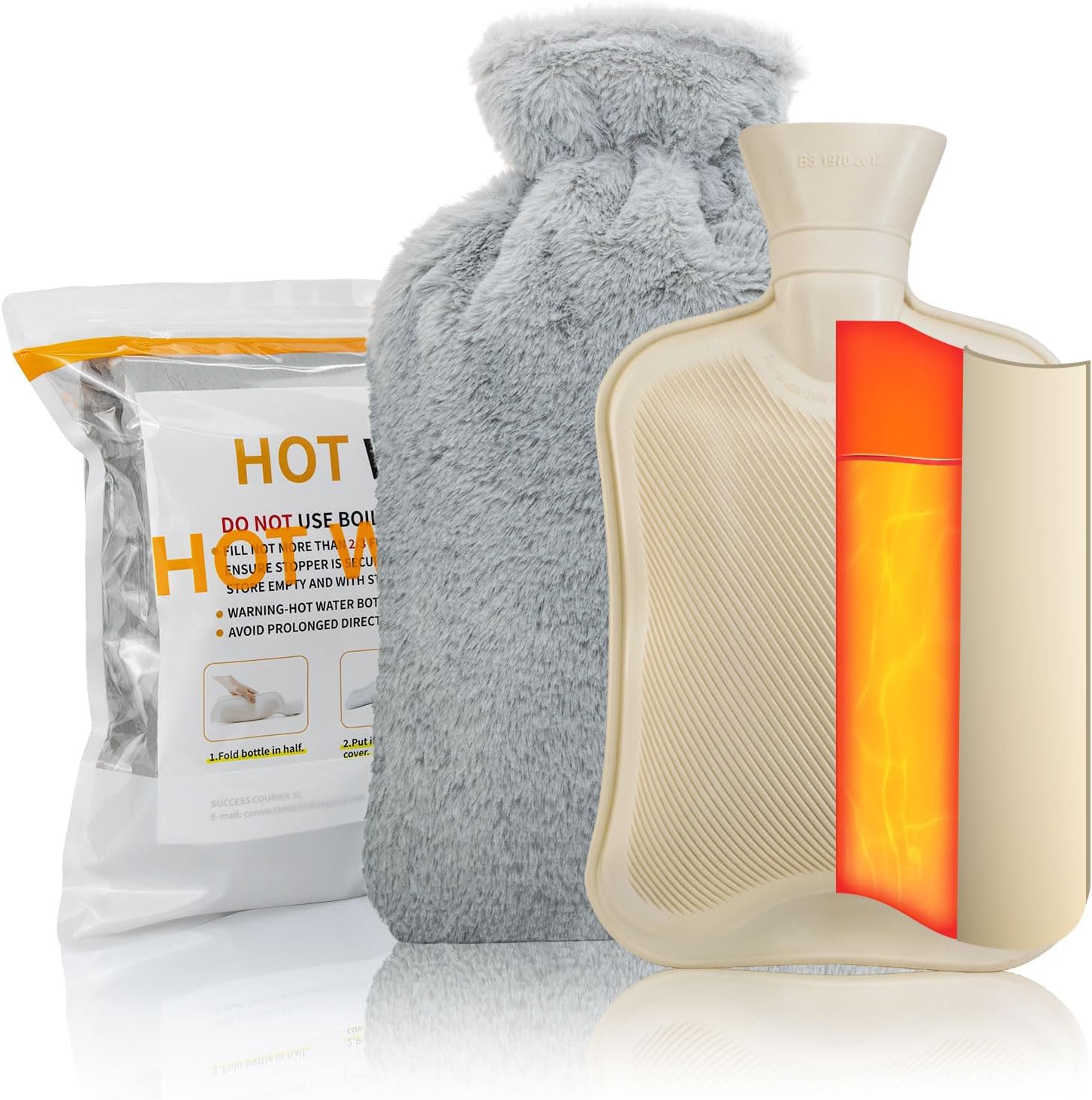 Bolsa de Agua Caliente de 2L, Grande Botella Agua Caliente para Cama con Desmontable y Lavable Suave Funda Botellas Goma Hot Water Bottle para Calentar Manos o Alivio del Dolor (Gris Claro)