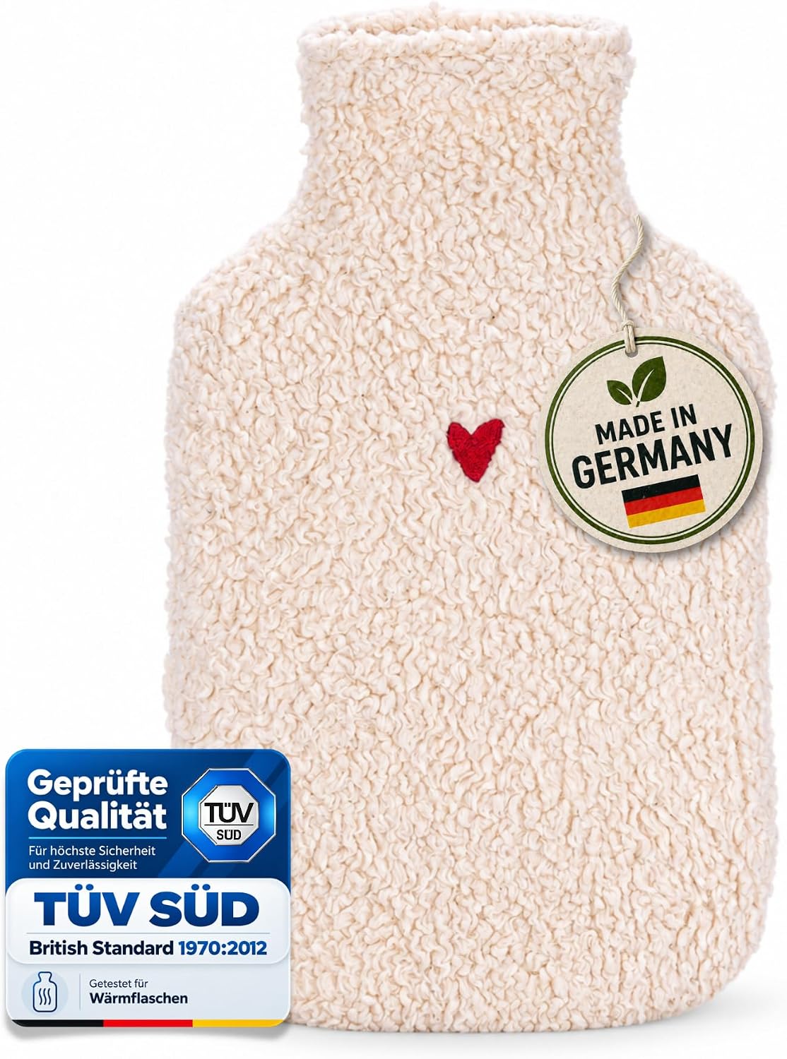 kontor28 - Bolsa de agua caliente con funda de 100% algodón orgánico súper suave, hecha a mano, fabricada en Alemania, a prueba de fugas, inodoro y analgésico para niños y adultos - 2,0 litros