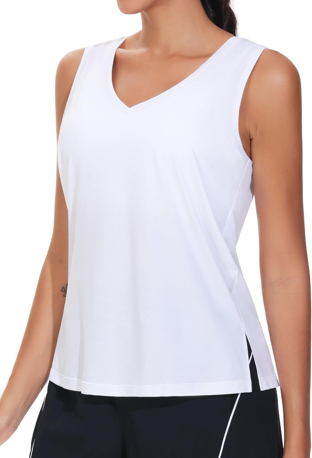THE GYM PEOPLE Camiseta sin mangas con cuello en V para mujer, elástica, holgada, sin mangas, de secado rápido, para yoga, con abertura lateral