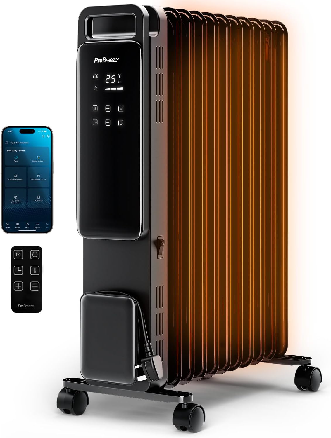 Pro Breeze OmniWarm Radiador de Aceite 2500W, Portátil con Wi-Fi, 11 Aletas, Pantalla Digital Táctil, Modo Eco, 3 Modos, Termostato Ajustable y Temporizador 24H