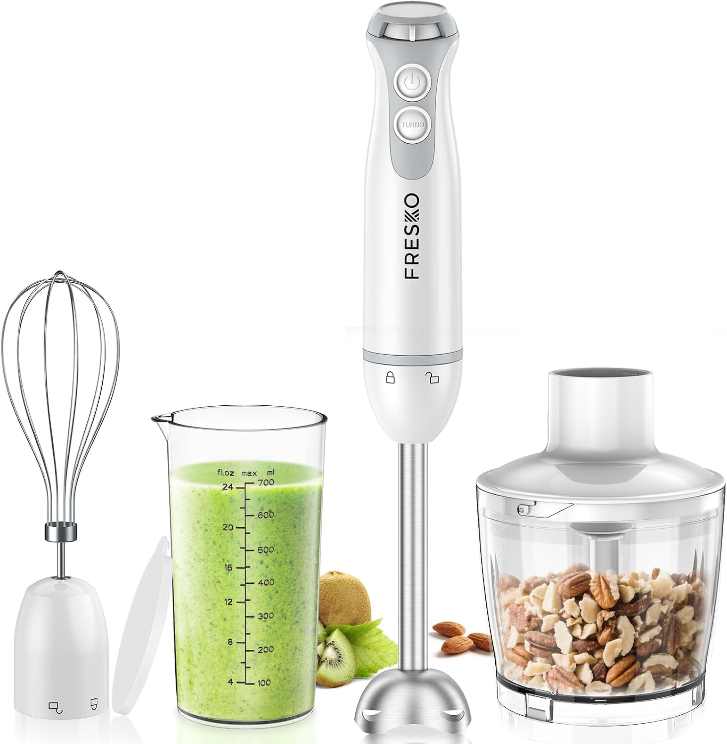 Batidora de Mano 4 en 1, 1000W, Acero Inoxidable, Velocidad Variable +Turbo