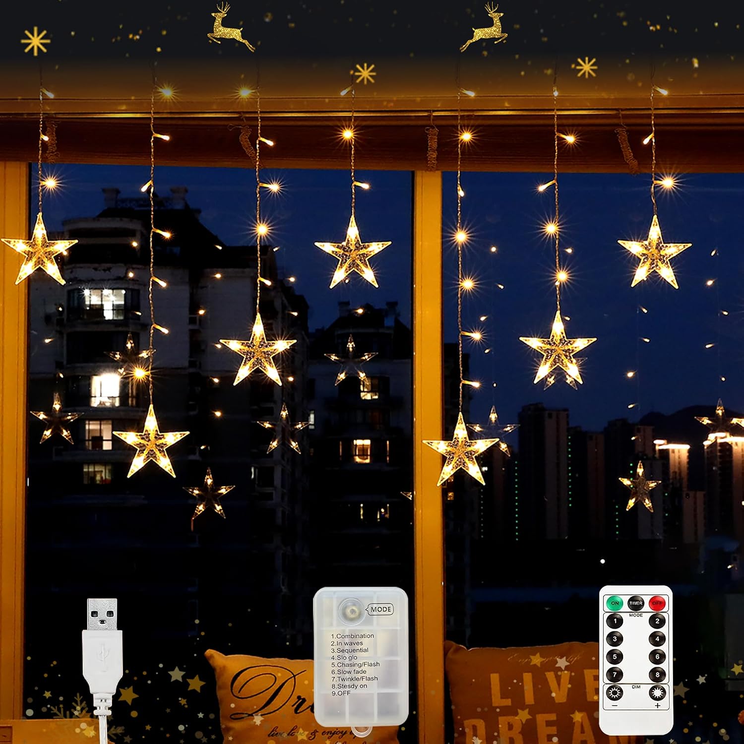 Cortina de Luces Navidad, 3.5M Luces de Cortina Batería+USB Función Timer, 8 Modos Estrella de Navidad, Guirnaldas Interior Exterior con Control Remoto para Balcón Ventana Año Nuevo