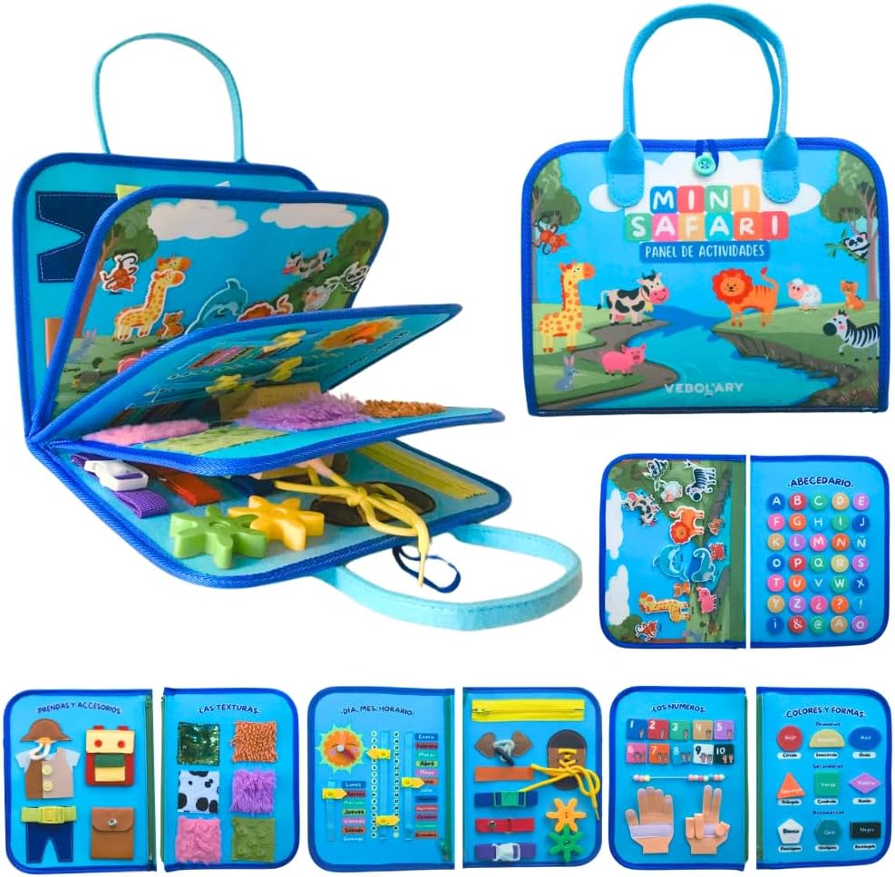Busy Board Montessori EN ESPAÑOL – 3, 4 y 5 Años, Juguete para Viajes Portátil Educativo Sensorial Motricidad Fina y Aprendizaje, Libro Montessori de Fieltro, Regalo Niña y Niño