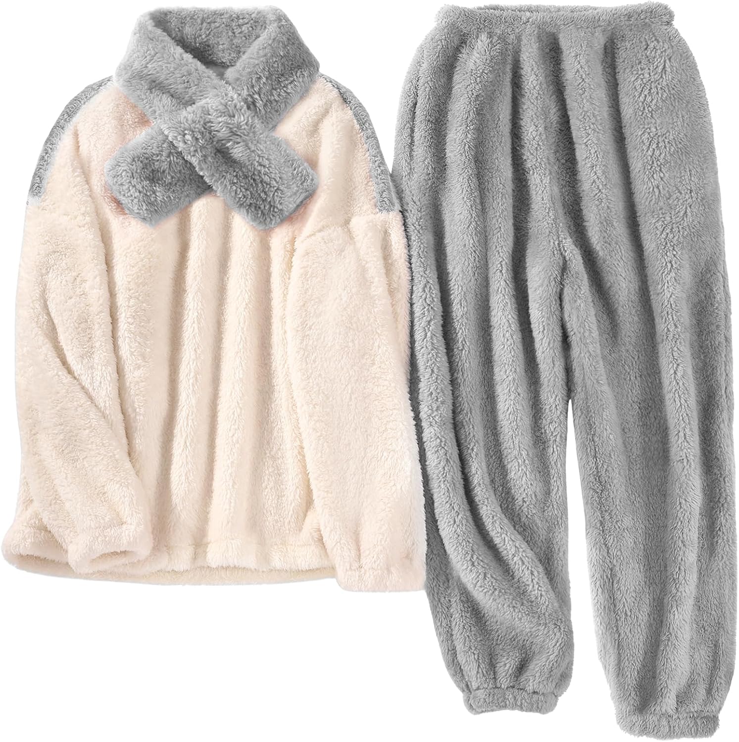 Pijama Mujer Invierno Polar Pijama Invierno Mujer Calentito Conjunto de Pijama Franela 3 Piezas Ropa de Dormir Pijamas de Navidad para Mujer con Pullover Bufandas Pantalones