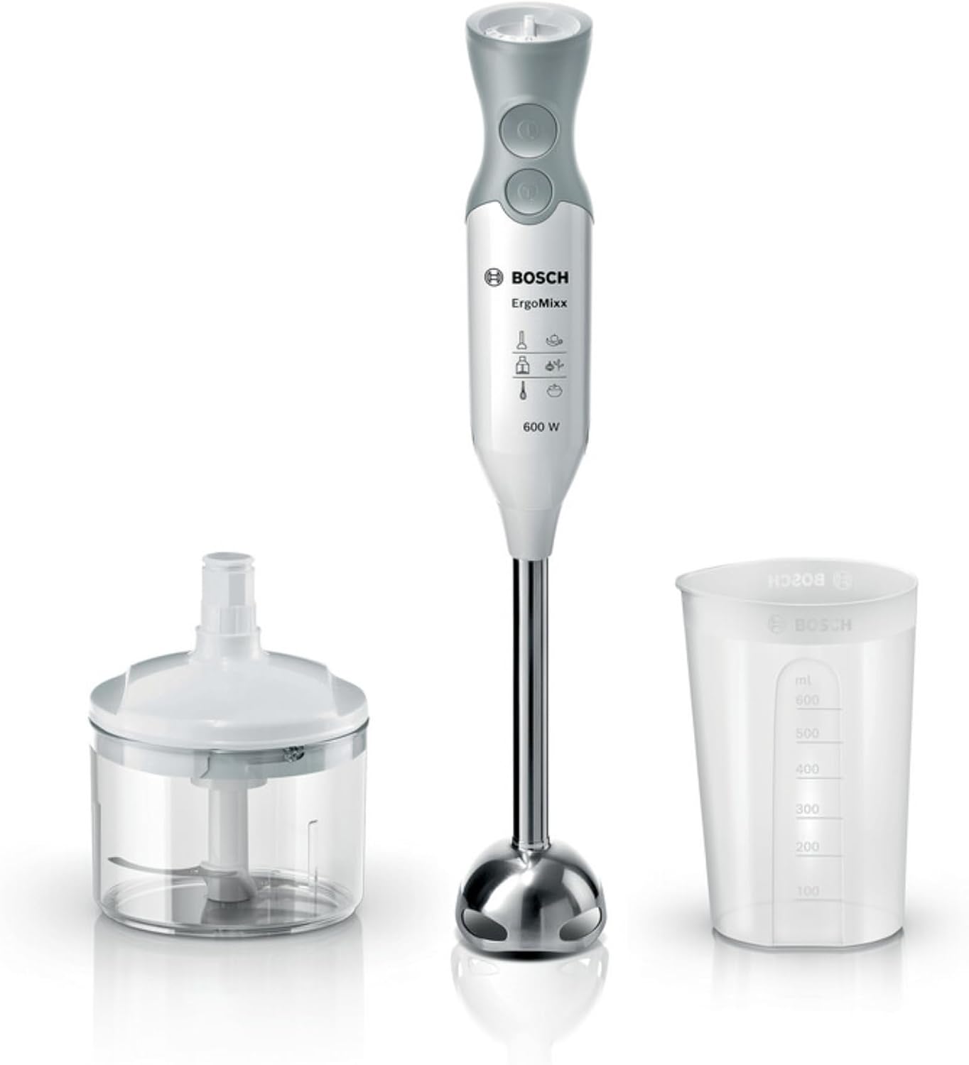 Bosch Ergo Mixx MSM66120 - Batidora de mano, 600 W, regulador de velocidad y velocidad Turbo, cúpula con cuatro cuchillas, con picador y vaso de mezclas, color blanco y gris