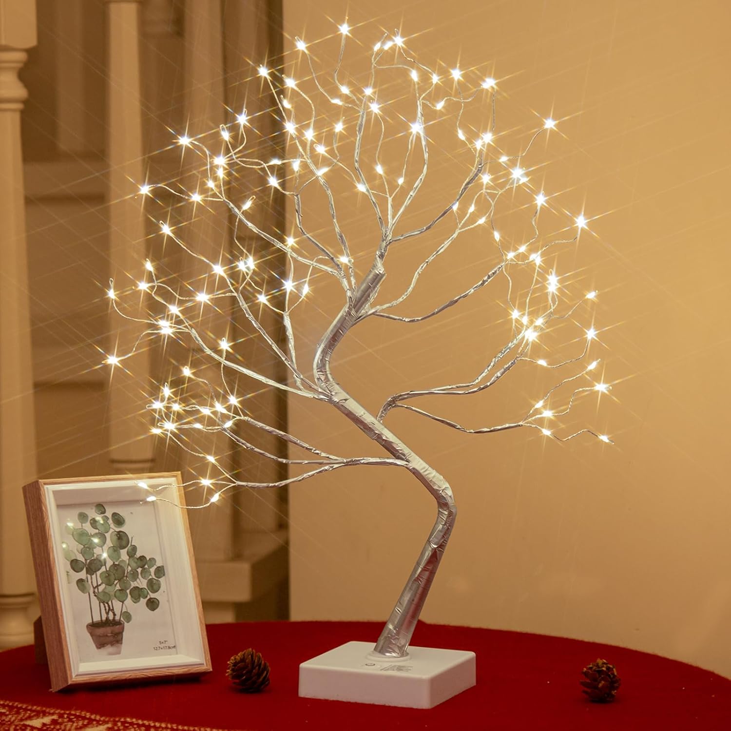 Árbol de luces con 108 ledes de color blanco cálido, USB, funciona con pilas, decoración navideña con 8 modos de luz y temporizador, iluminación para Pascua, boda, salón, hogar, plata, 45 cm