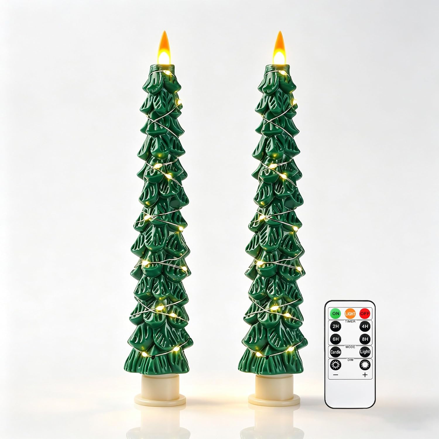 Da by 2 Velas LED de Árbol de Navidad Rojo, Velas Sin Llama con Cadena de Luces de Cobre, Efecto de Llama Realista, Funcionan con Pilas y Mando a Distancia para Decoración Navideña