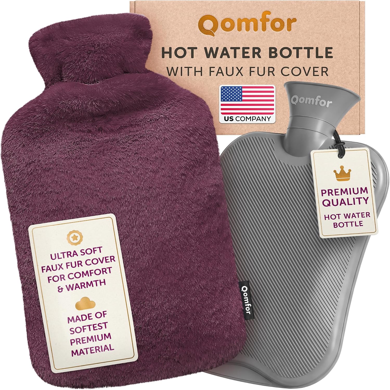Qomfor Botella de agua caliente con funda esponjosa, suave de piel sintética de alta calidad, gran capacidad, bolsa de agua caliente para noches acogedoras, alivio del dolor, espalda, cuello, hombros,