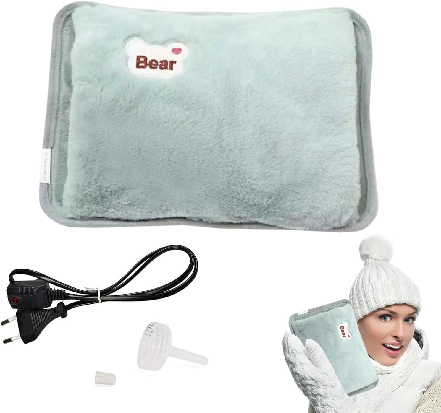 Bolsa de Agua Caliente Eléctrica,Botella de Calor Térmica,Bolsa Eléctrica Agua Caliente,con forro de felpa suave,útil como calentador de manos y calentador de pies(Verde)
