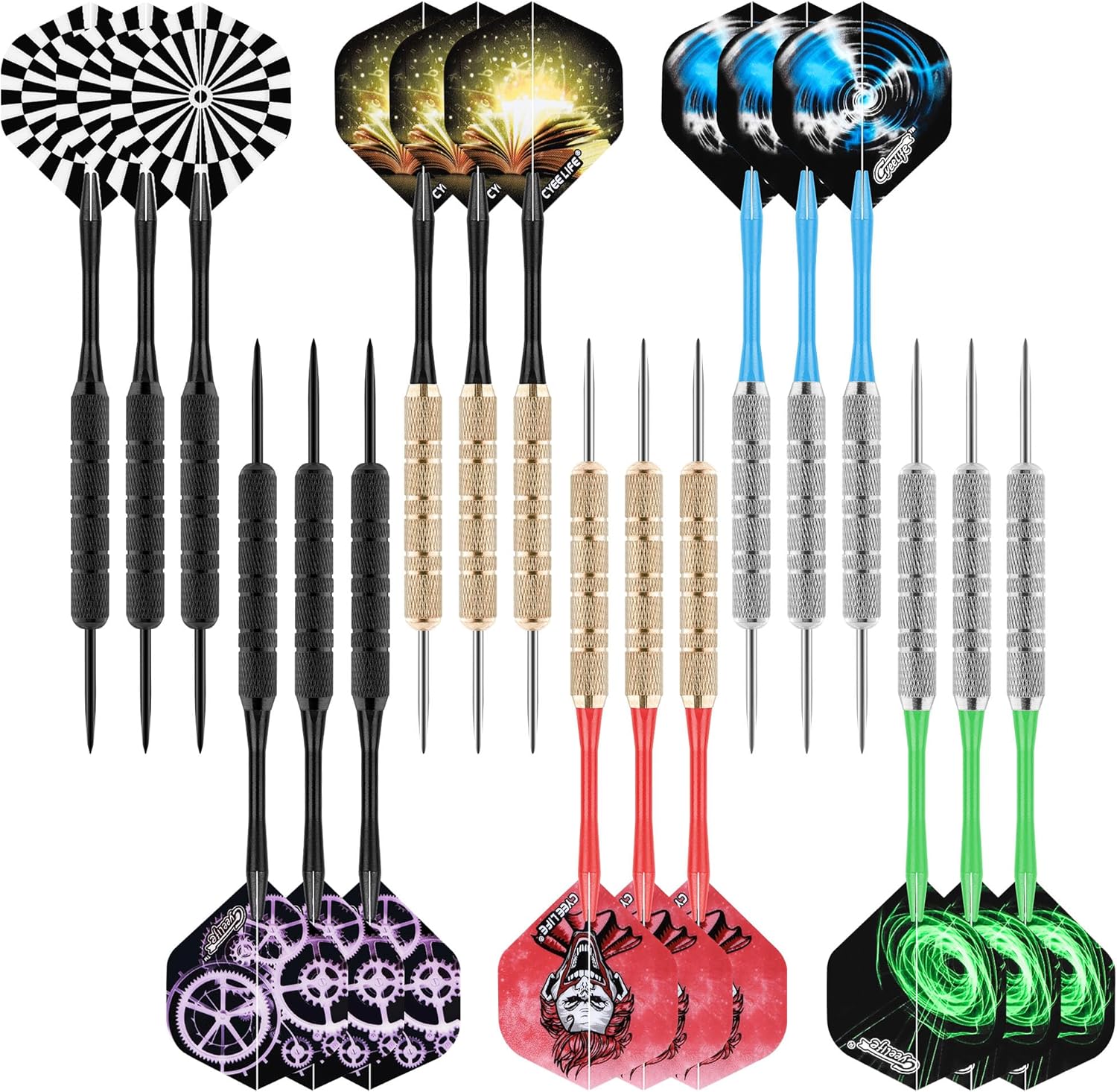 CyeeLife - Dardos con Punta de Metal, Juego de 18 Dardos Profesionales de Acero, Juego de Dardos de Acero con caña y Plumas, para Principiantes y Aficionados