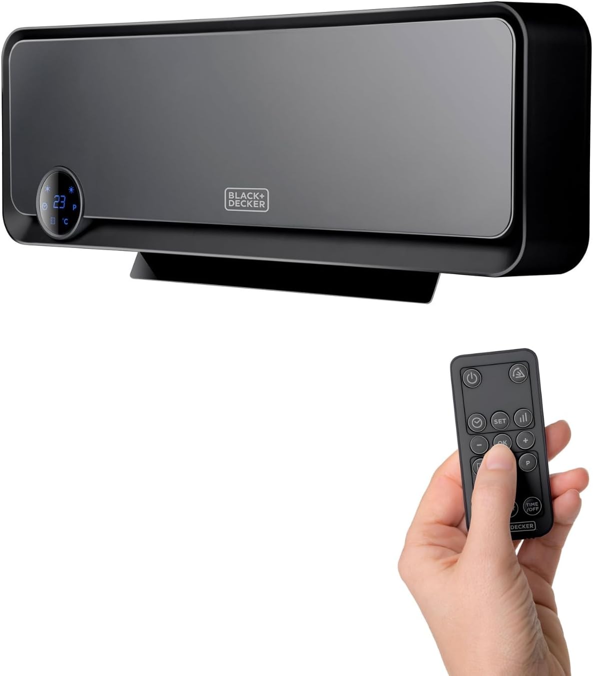 Black+Decker BXWSH2000E Calefactor cerámico de pared apto para baños con termostato electrónico, programador, temporizador y mando a distancia, pantalla LED, sistema PTC y oscilación automática, Negro