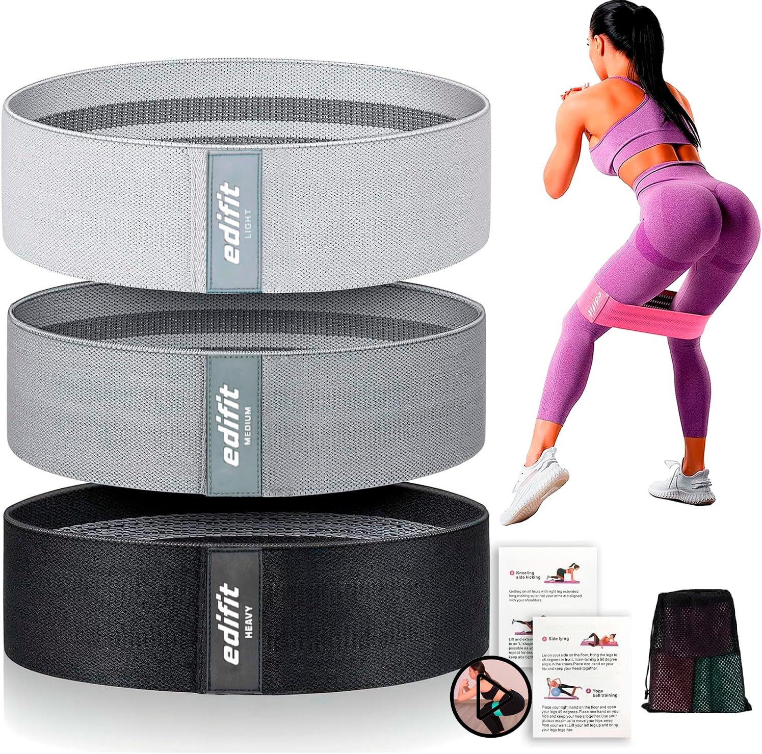 Edifit, Bandas Elásticas Musculación, Cintas con 3 Niveles de Resistencia, Fitness, Gomas Antideslizantes, Pack de 3, para Gym, Yoga, Crossfit, Pilates o Ejercio en Casa