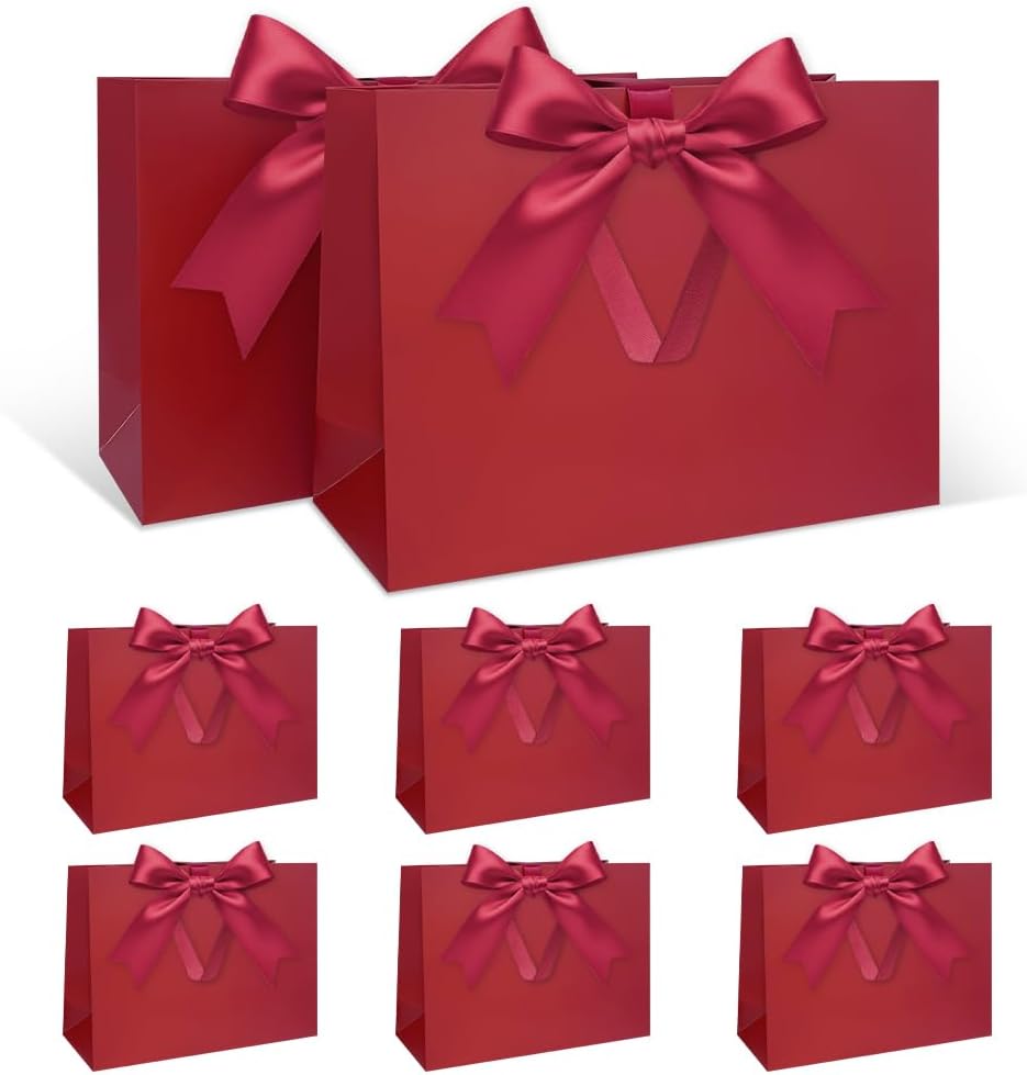 Juego Bolsas Regalo, Bolsa Regalo Rojo con Cinta Bolsa Regalo Rojo con Asas 8 Piezas 30 x 21 x 10 cm Bolsas Regalo Grande para Cumpleaños Boda Aniversario Navidad
