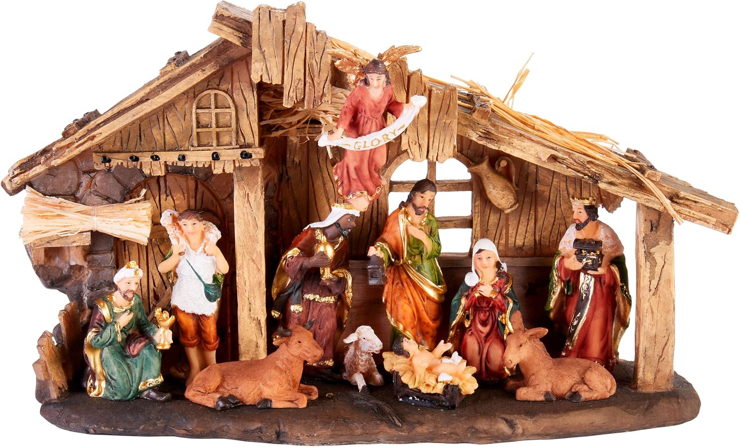 BRUBAKER Cuna de Navidad Juego de Cuna de 32 cm con 11 Figuras Pintadas a Mano - Cuna de Resina con Figuras Navideñas - Decoración de Mesa Navideña - Escultura de Decoración Navideña