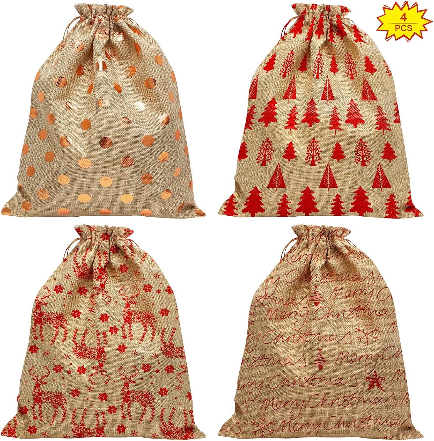 Yuehuabao 4pcs Bolsa Regalo Navidad Saco de Navidad con Cordón Grande Bolsa de Almacenamiento Reutilizable(30x40cm)