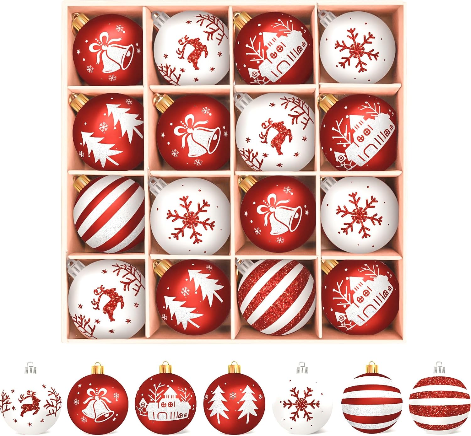 Bolas Arbol de Navidad Blancas y Rojas Adornos Arbol Navidad, 16 PCS Bolas de Navidad, Decoracion Arbol'Navidad, Bolas plástico de 6 cm con Gancho, 7 Tipos de Modelos