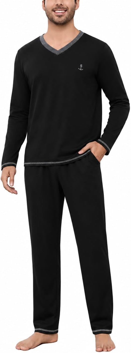 Marvmys Pijamas Hombre Invierno Largo Conjunto Algodón Cuello en V Manga Larga Tops Pijama Pantalones con Bolsillo