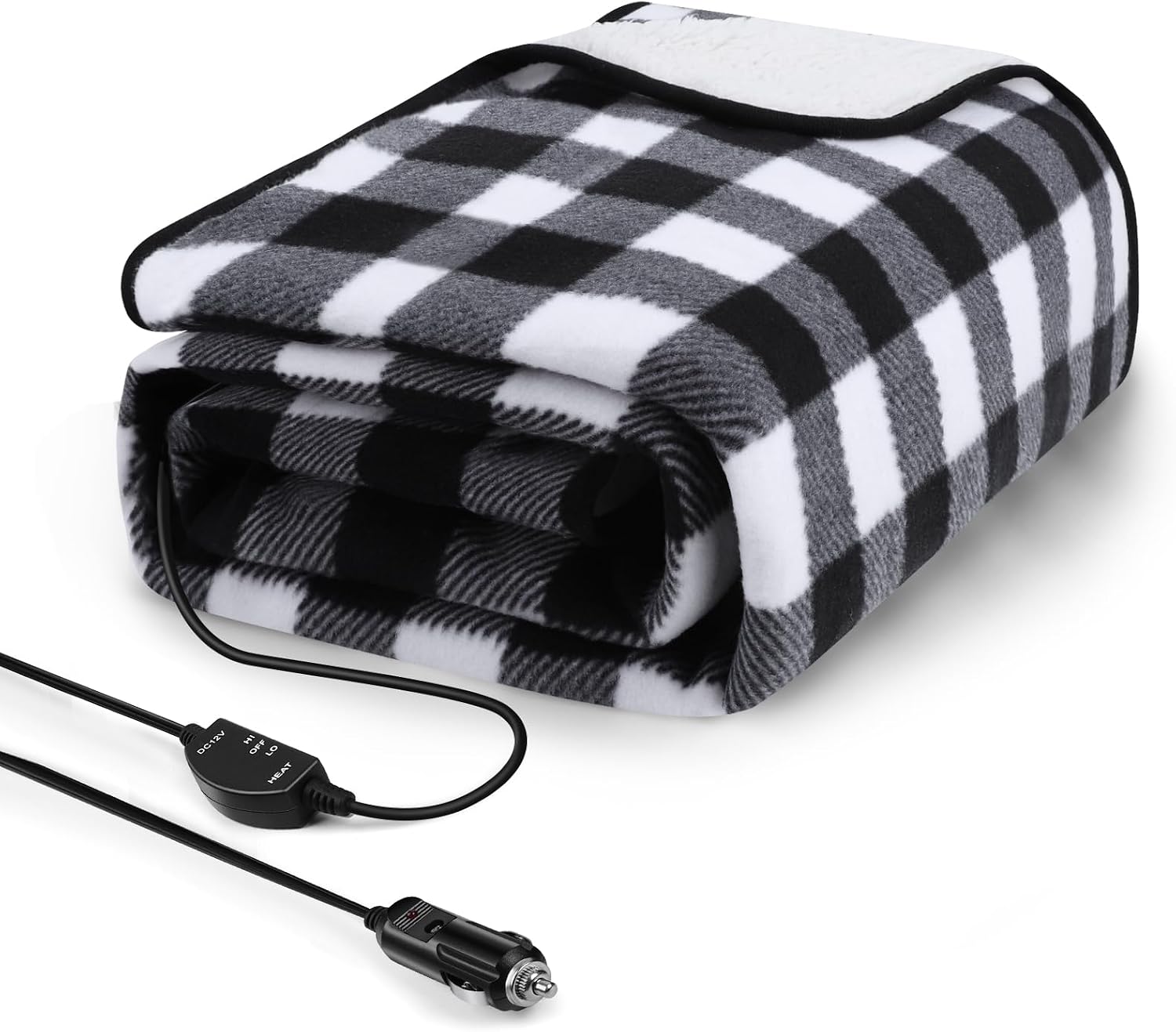 Sino Manta eléctrica para Coche, 12 V, Manta eléctrica para Coche, camión, SUV, RV y Camping, con Controlador de Temperatura, 150 x 109 cm, Cuadros Blancos y Negros