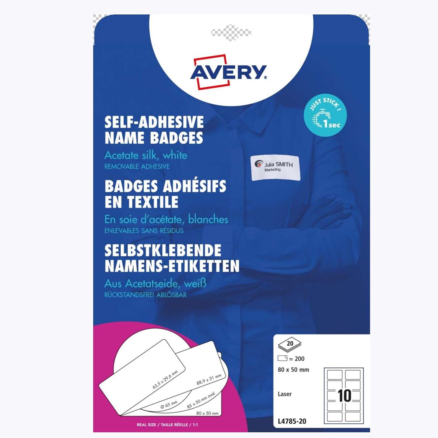 Avery L4785-20. Caja de 200 identificativos adhesivos acedado se seda 80 x 50 mm