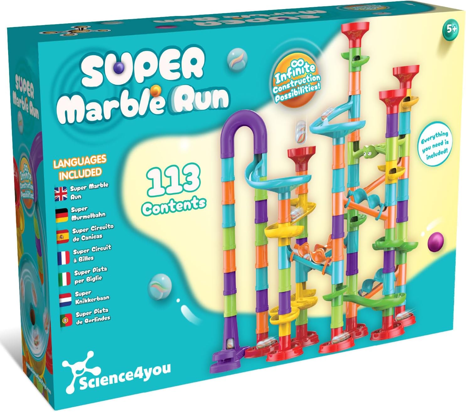 Science4you Super Circuito de Canicas para Niños - Juego con Canicas Incluidas, Marble Run + 113 Piezas, Juguetes Educativos Stem, Regalo para Niño y Niña 3+ años