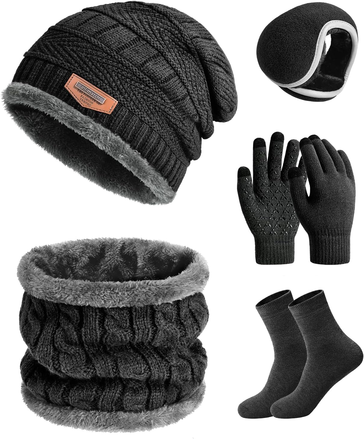 heekpek Set de Bufanda Gorro Guantes Orejeras y Calcetines Hombre de Punto Invierno Suave Térmico Conjunto de 5 Piezas para Hombre