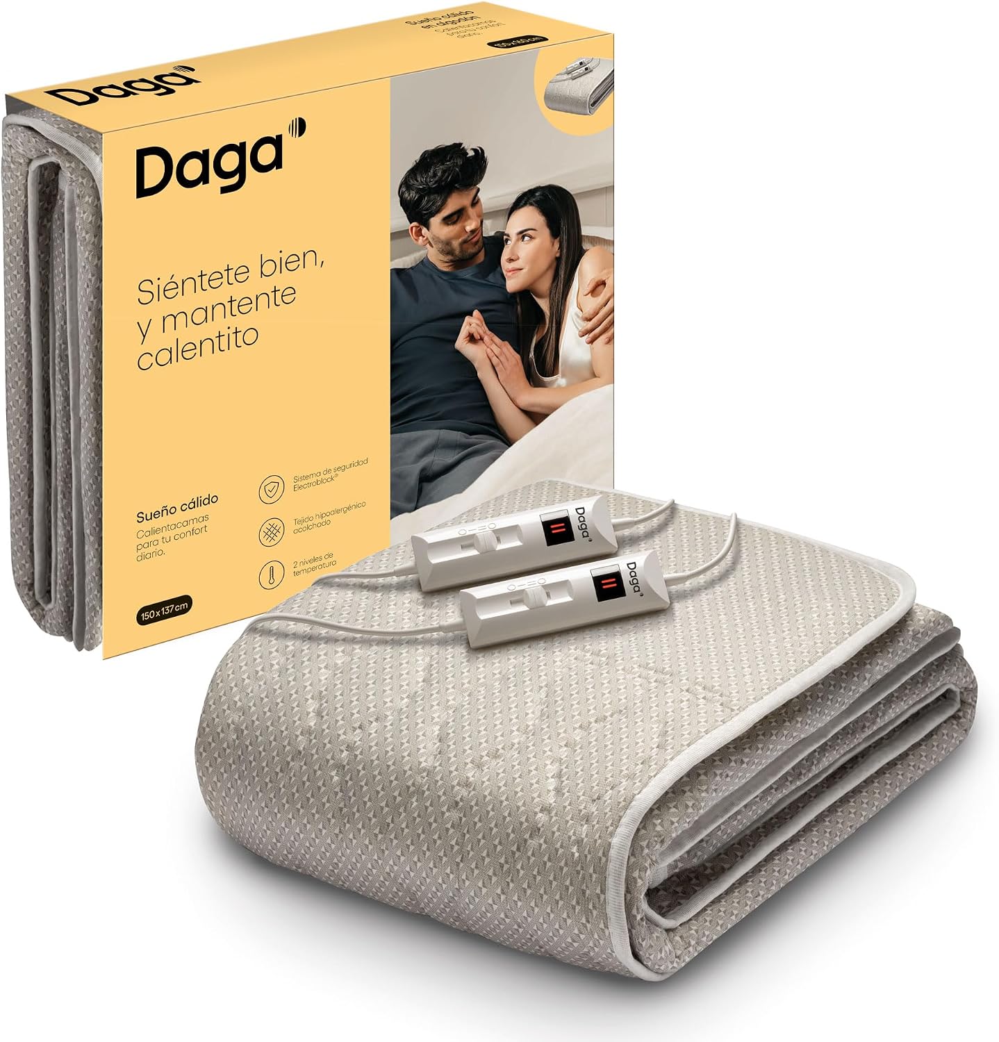 DAGA Calientacamas Individual, Sueño Cálido en tejido hipoalergénico acolchado, sistema de seguridad, 2 Niveles de Temperatura, Ahorro de consumo energético, Certificado OEKO-TEX,150x80 cm